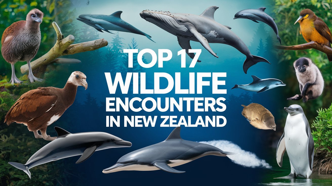 The image is a collage of Wildlife Encounters in New Zealand, including a kiwi bird, a takahe bird, a kea parrot, a whale, dolphins, a pukeko bird, a weka bird, a kaka bird, a bush baby, a giant squid, a sea lion, a Hector's dolphin, a mollymawk albatross, a southern right whale, a fur seal, a hoiho yellow-eyed penguin, and a kiwi bird. The background is a lush green forest with a misty atmosphere.