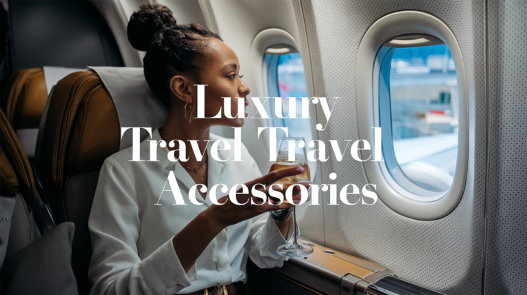 A photo of an African American woman sitting in the business class of an airplane. She is enjoying a glass of wine while looking out the window. There is a text overlay that says "Luxury Travel Accessories".