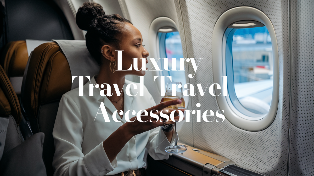 A photo of an African American woman sitting in the business class of an airplane. She is enjoying a glass of wine while looking out the window. There is a text overlay that says "Luxury Travel Accessories".