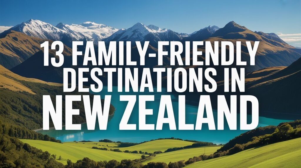 A clean, modern promotional graphic featuring New Zealand's stunning natural landscape as the backdrop. The bold title "13 Family-Friendly Destinations in New Zealand" is prominently displayed in the center using large, readable sans-serif typography in white text with a subtle drop shadow for contrast. Behind the text, a breathtaking panoramic view showcases New Zealand's iconic scenery including emerald green rolling hills, snow-capped Southern Alps peaks, and a pristine turquoise lake reflecting the mountain ranges. The composition uses a slight gradient overlay to ensure the text remains highly legible while maintaining the vivid natural colors of the landscape beneath.
