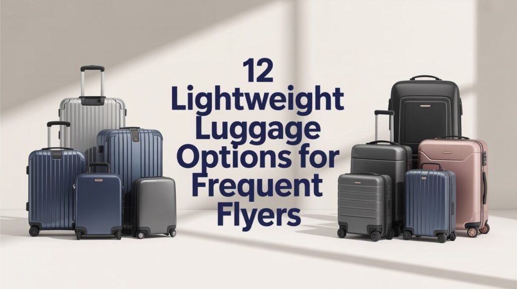 A sleek promotional graphic featuring an array of modern lightweight suitcases and travel bags arranged in an elegant display against a clean white background. The luggage pieces showcase various sizes and premium materials including hard-shell polycarbonate cases in metallic silver and deep navy, soft-sided spinner bags in charcoal gray, and compact carry-ons with rose gold accents. In the center of the composition, bold sans-serif text reads "12 Lightweight Luggage Options for Frequent Flyers" in deep blue lettering with subtle drop shadows. Soft studio lighting creates gentle highlights on the luggage surfaces, emphasizing their sleek designs and quality craftsmanship in a professional product showcase style.