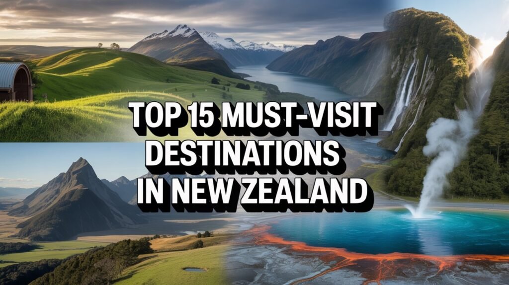 A promotional graphic with the bold title "Top 15 Must-Visit Destinations in New Zealand” in the middle of the image. Background shows a collage of places in new zealand. make realistic.