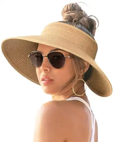 FURTALK Sun Visor Hats for Women Wide Brim Straw Ponytail Summer Beach Hat UV UPF Packable Foldable Travel Khaki