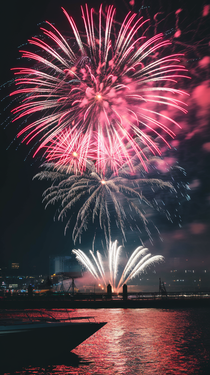 A photo of a fireworks display over a waterfront during a celebratory event. The fireworks burst in a variety of colors, including red, pink, blue, and yellow, creating a dazzling spectacle against the night sky. The reflections of the fireworks on the water below add to the beauty of the scene. In the foreground, a dock or boat is partially visible, and the silhouettes of buildings or structures in the background suggest this could be in a city setting, possibly New York City.