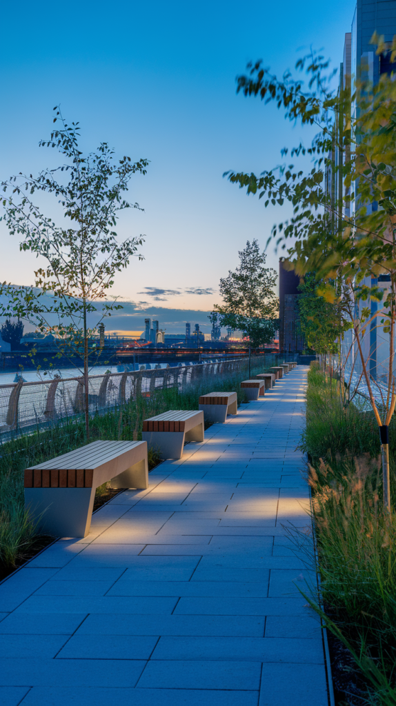 This image depicts a serene and modern urban walkway, likely part of a public park or elevated space such as New York City's High Line. The pathway is paved with sleek tiles and lined with contemporary wooden benches surrounded by greenery. Small, integrated lights illuminate the area, creating a tranquil atmosphere as evening sets in. The view includes a river in the background with distant buildings and industrial structures, all under a fading blue sky that transitions into twilight. The setting combines nature, architecture, and modern design, offering a peaceful escape in a city environment.