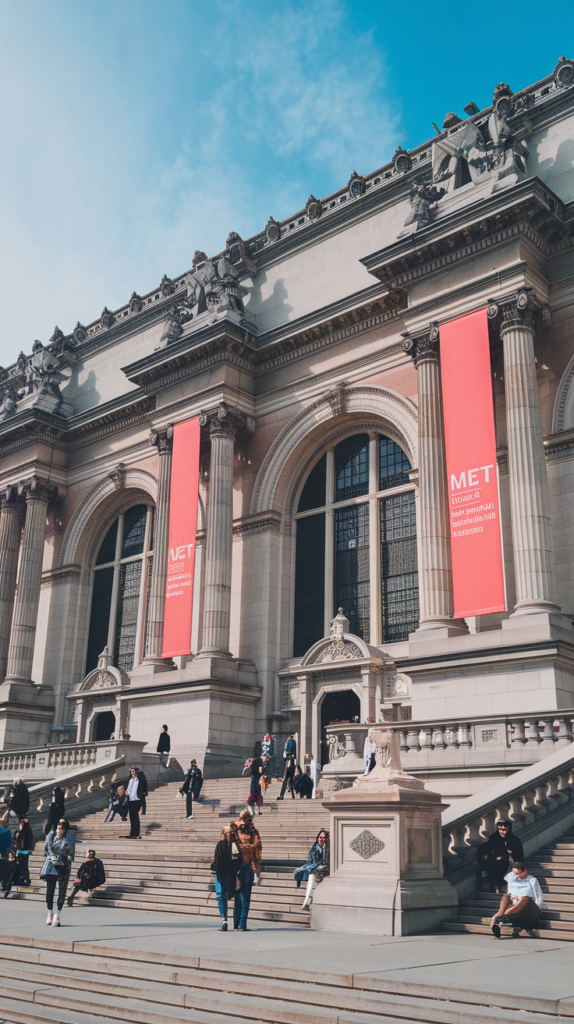 A photo of the front facade of The Metropolitan Museum of Art (The Met) in New York City. The building features grand neoclassical architecture, including large arched windows, columns, and intricate stone detailing. The wide staircase in front is populated with visitors walking or sitting, and the bright red banners hanging near the entrances prominently display the museum's name. The sky is clear and blue, emphasizing the grandeur of the structure.