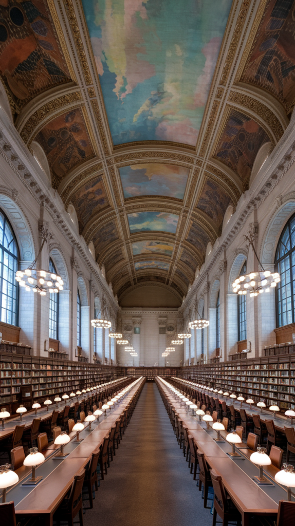 A photo of the Rose Main Reading Room inside the New York Public Library (NYPL) on Fifth Avenue in Manhattan. The room has high, ornate ceilings adorned with intricate designs and a painted sky-like fresco. Large arched windows allow natural light to flood the space, complementing the warm glow of the elegant chandeliers. The room is lined with tall bookshelves filled with books, and rows of long wooden tables equipped with individual lamps provide an inviting and functional workspace. The iconic space is renowned for its grandeur, quiet atmosphere, and historical significance, making it a must-visit destination for book lovers and architecture enthusiasts in New York City.