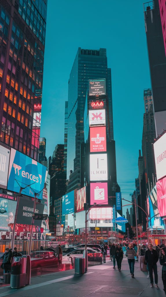 A photo of Times Square in New York City at night. The image is lit up with bright lights from the billboards and neon signs. The background contains tall buildings with windows. People are walking on the sidewalk.