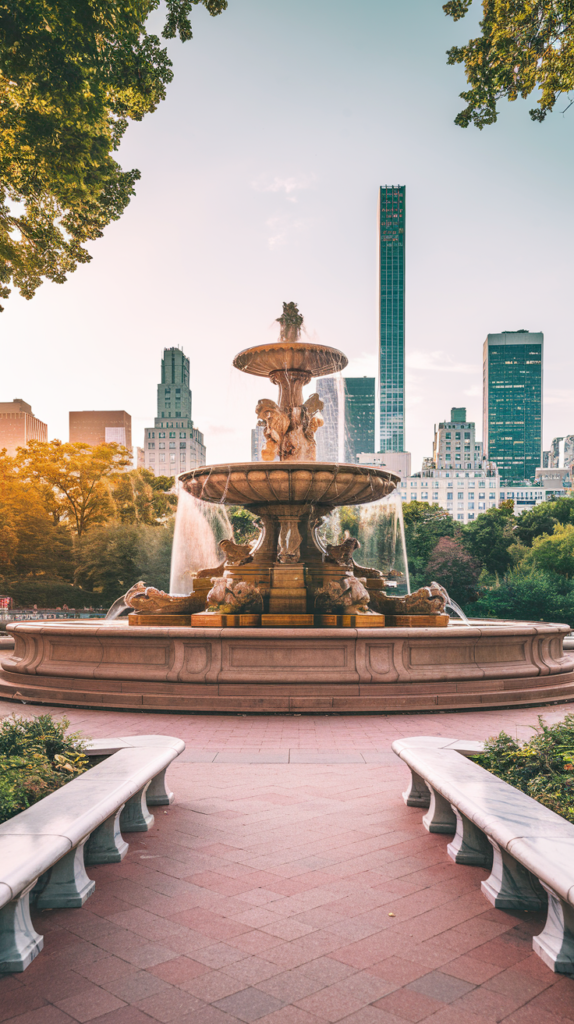 A promotional image of Central Park with the Bethesda Fountain and Terrace. The Bethesda Fountain is a large, ornate fountain with multiple jets of water. The terrace surrounding the fountain is made of pink sandstone and is lined with white marble benches. The background reveals the skyline of New York City with tall buildings. The image has a warm hue.