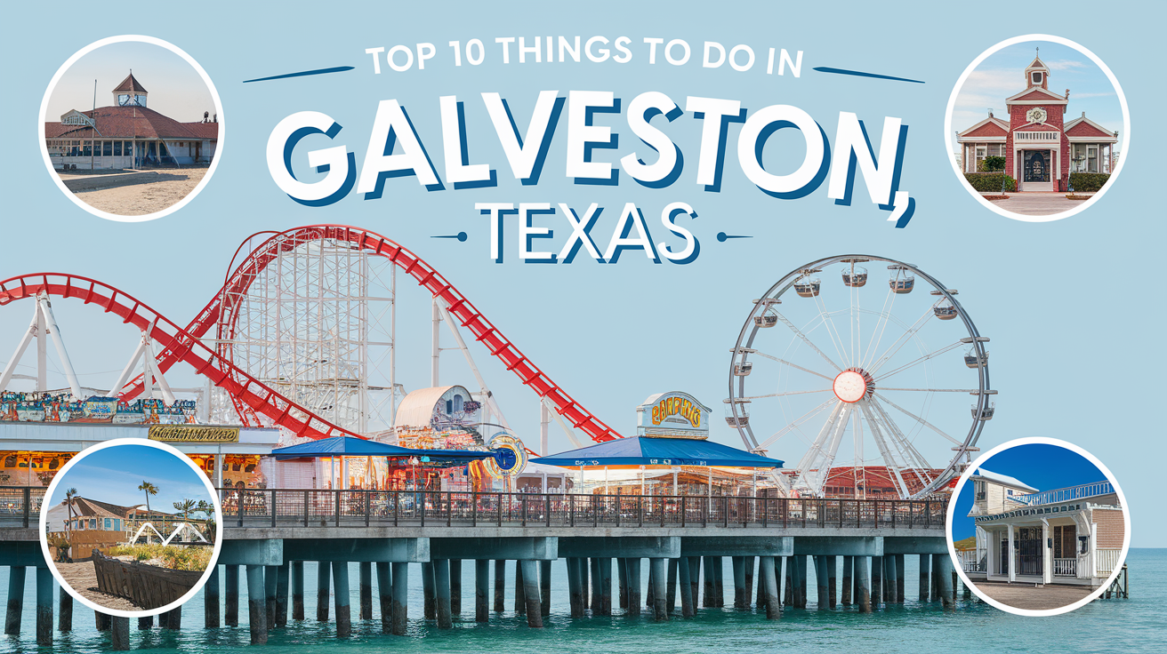 Scenic collage of top attractions in Galveston, Texas, featuring a Ferris wheel, roller coaster, historic buildings, and beachfront views.