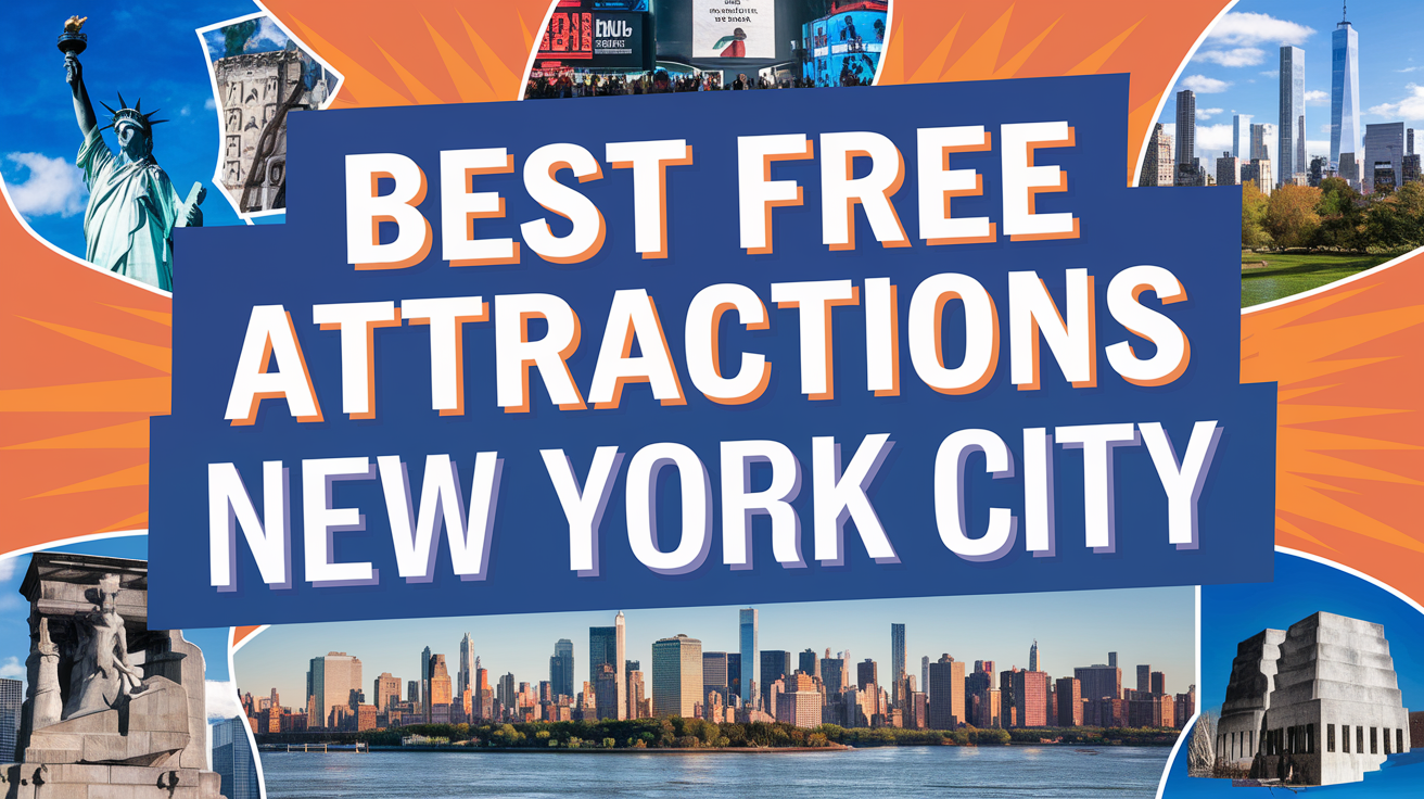 A vibrant and engaging promotional graphic titled Best Free Attractions in New York City. The text is in bold, white font with a blue background. The background image is of New York City with its iconic skyline. There are images of the Statue of Liberty, Times Square, Central Park, and the 9/11 Memorial.