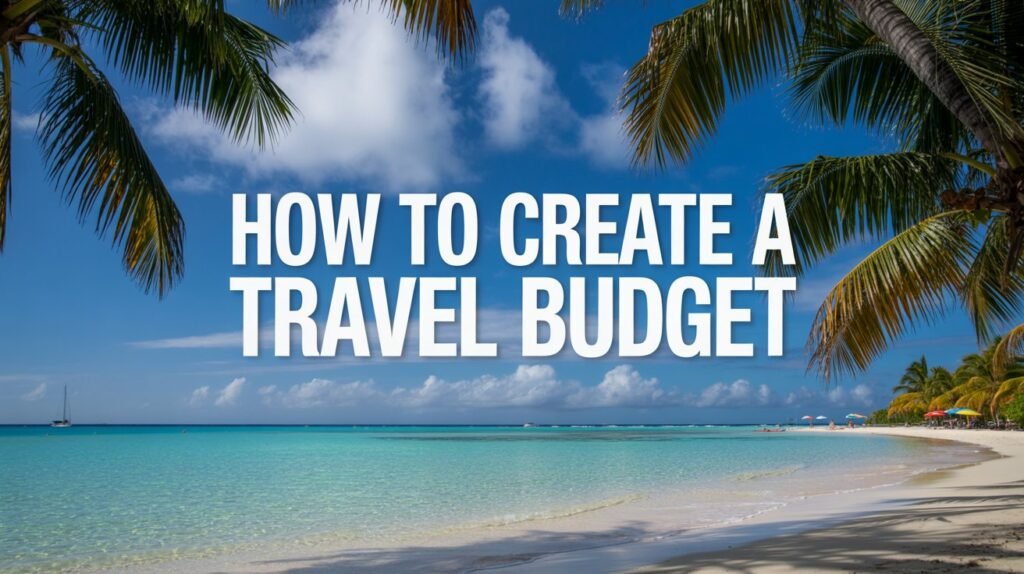 A stunning photograph of a pristine Caribbean beach with powdery white sand and crystal-clear turquoise waters gently lapping the shore. Swaying palm trees frame the scene, their fronds dancing in the tropical breeze, while puffy white clouds drift across a brilliant azure sky. In the distance, a small sailboat glides peacefully across the horizon, and colorful beach umbrellas dot the shoreline. Bold, inspiring text overlays the scene reading "How to Create a Travel Budget" in a clean, modern font that conveys accessibility and adventure.